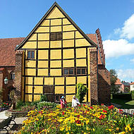 Flower garden in front of a half-timbered house in Ystad