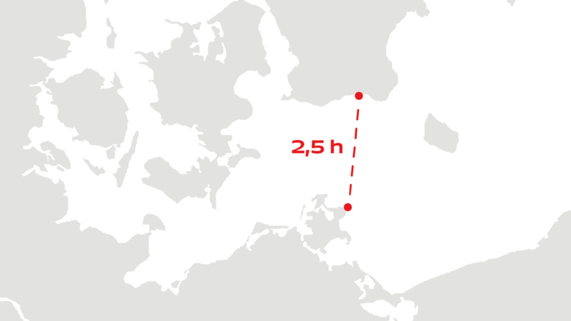 Fragment mapy Niemiec i Szwecji z trasą na czerwono i napisem: 2,5 godziny.