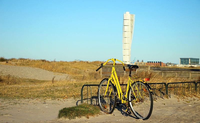Malmö beach with the Turning Torso in the background.