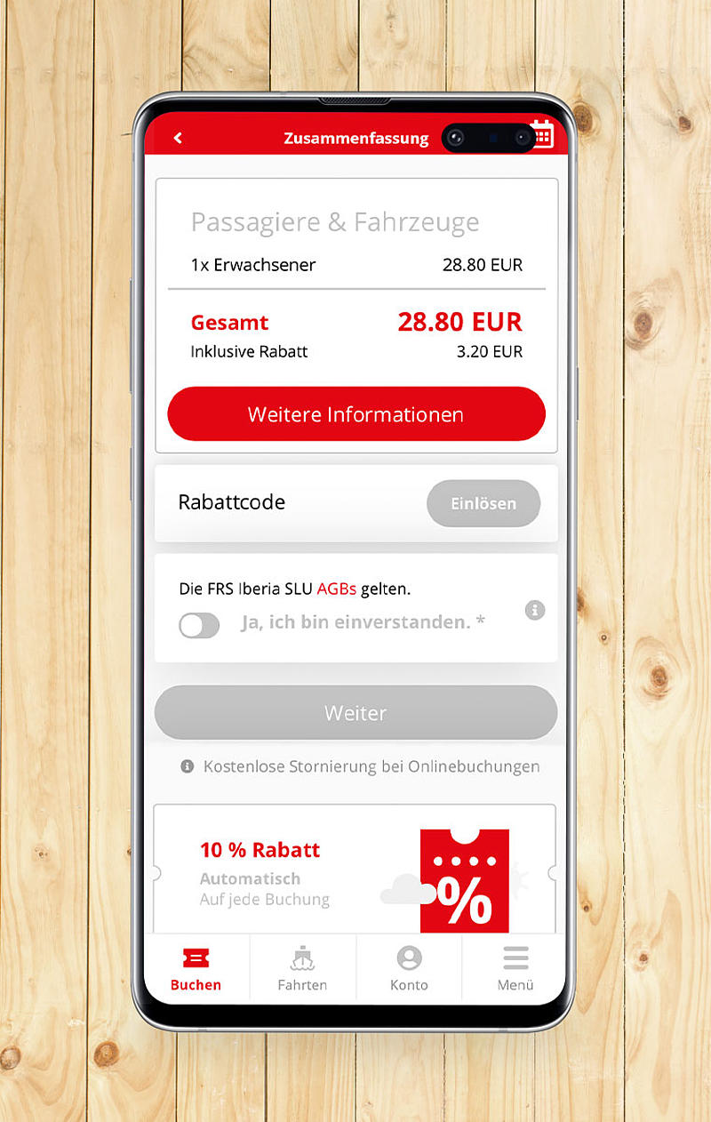 Screenshot der Reise-App FRS Travel: Buchung.
