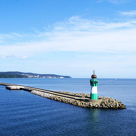 Aerial view of the lighthouse at the pier of Sassnitz harbour in Sassnitz (Rügen).
