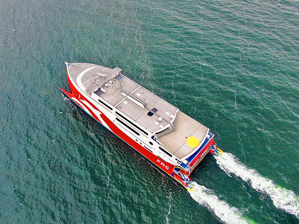 The high-speed catamaran from an aerial perspective on the Baltic Sea