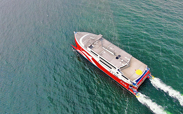 The high-speed catamaran from an aerial perspective on the Baltic Sea